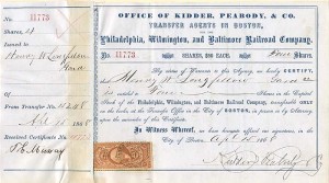 Philadelphia, Wilmington, and Baltimore Railroad Company signed by H.W. Longfellow